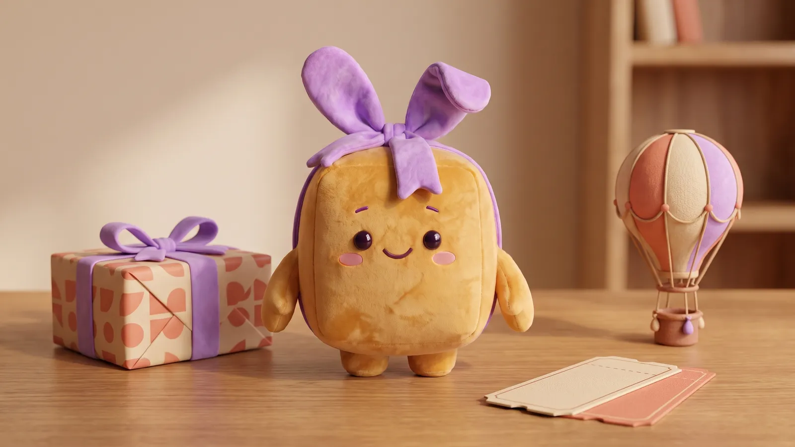 Schenky zwischen einem Geschenk und Eintrittskarten mit kleinem Heißluftballon