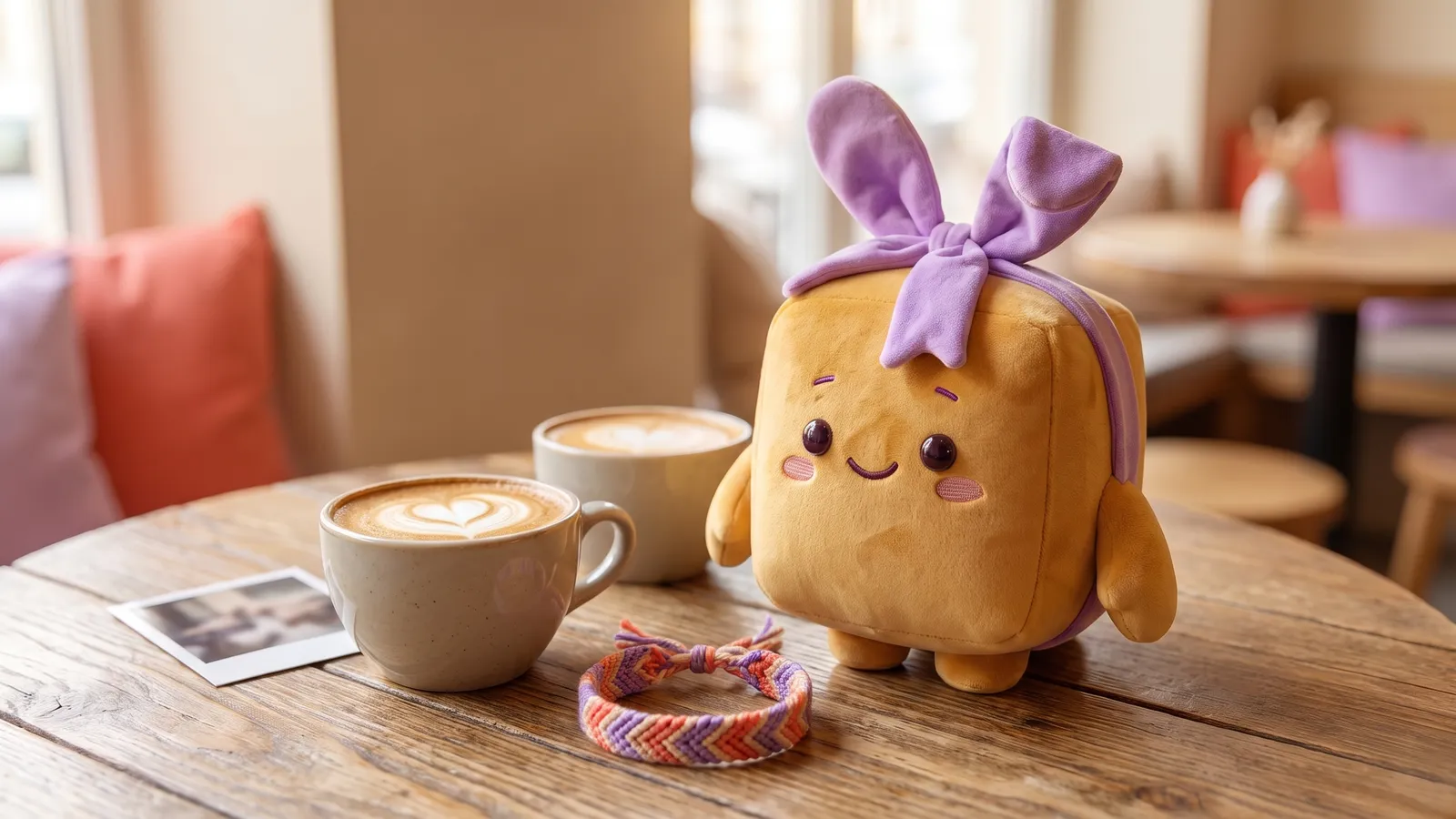 Schenky auf einem Cafétisch mit zwei Cappuccinos und Freundschaftsarmband