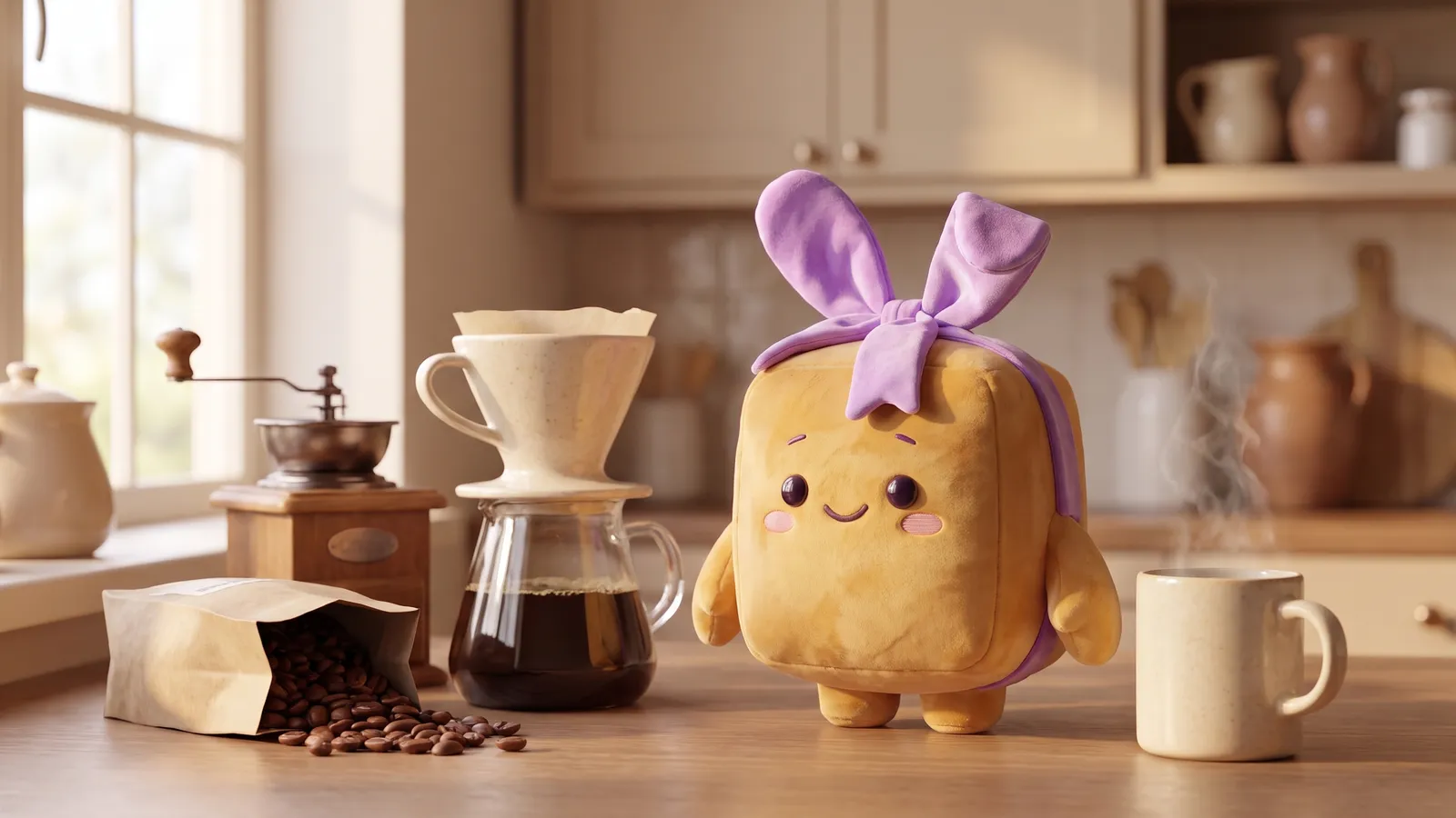 Schenky in der Küche neben Handfilter, Kaffeebohnen, Handmühle und Kaffeetasse