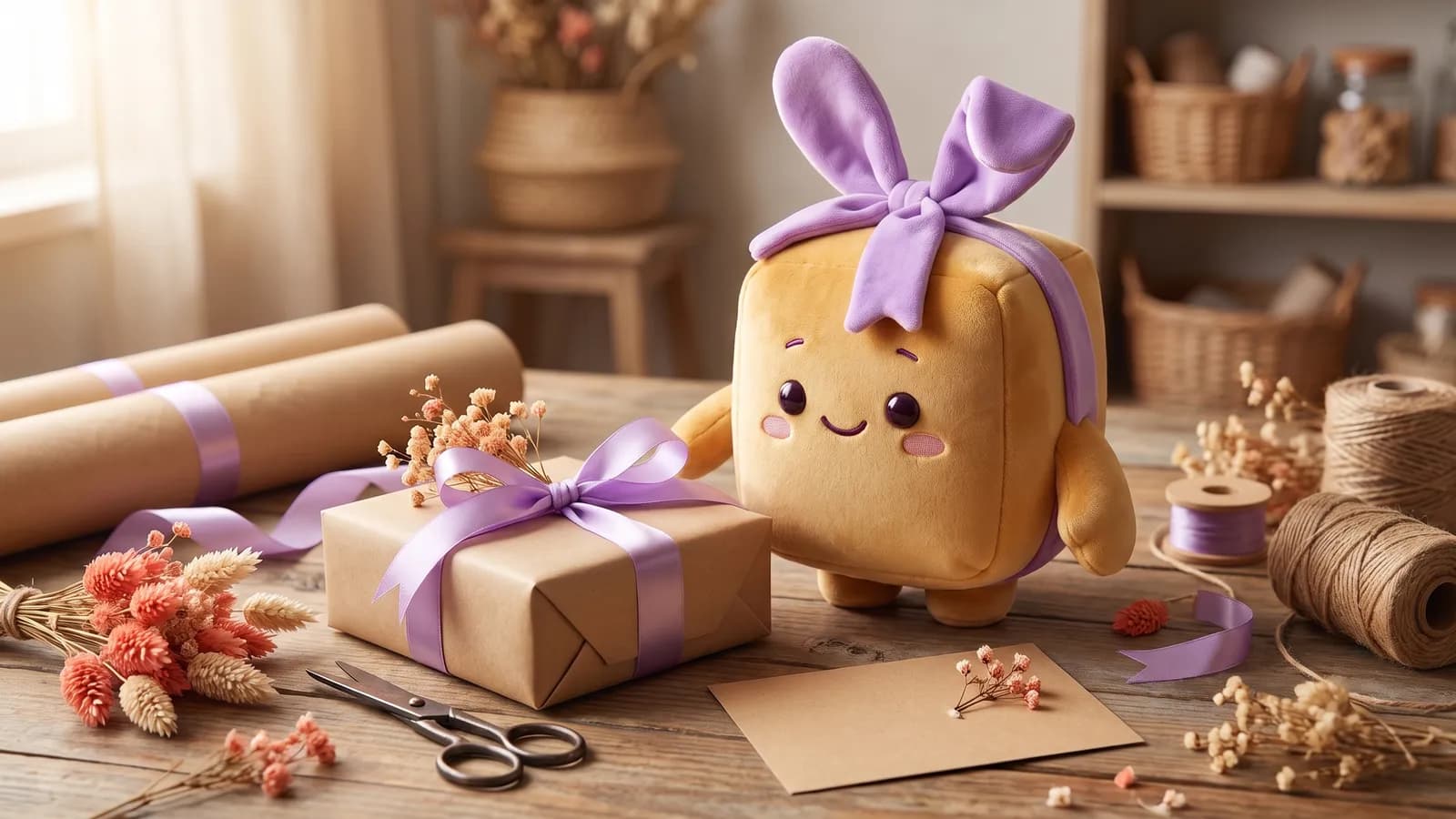 Schenky beim Einpacken eines Geschenks mit Packpapier, lila Schleife und Grußkarte
