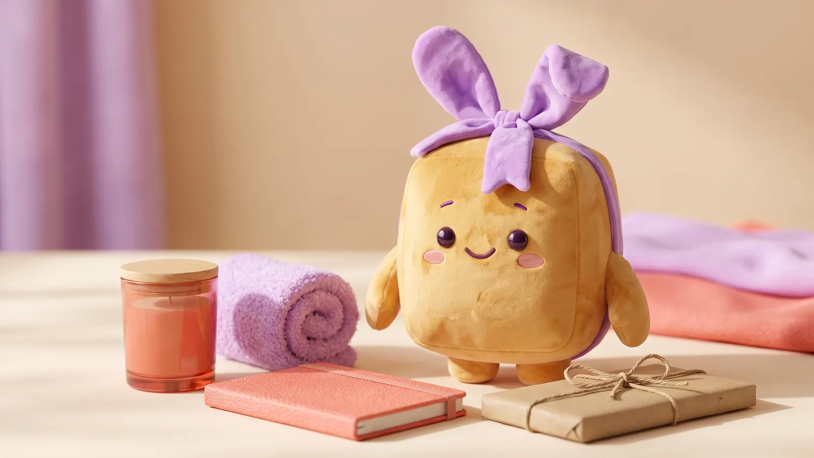 Schenky zwischen kleinen Geschenken: Duftkerze, Kuschelsocken, Notizbuch und Schokolade