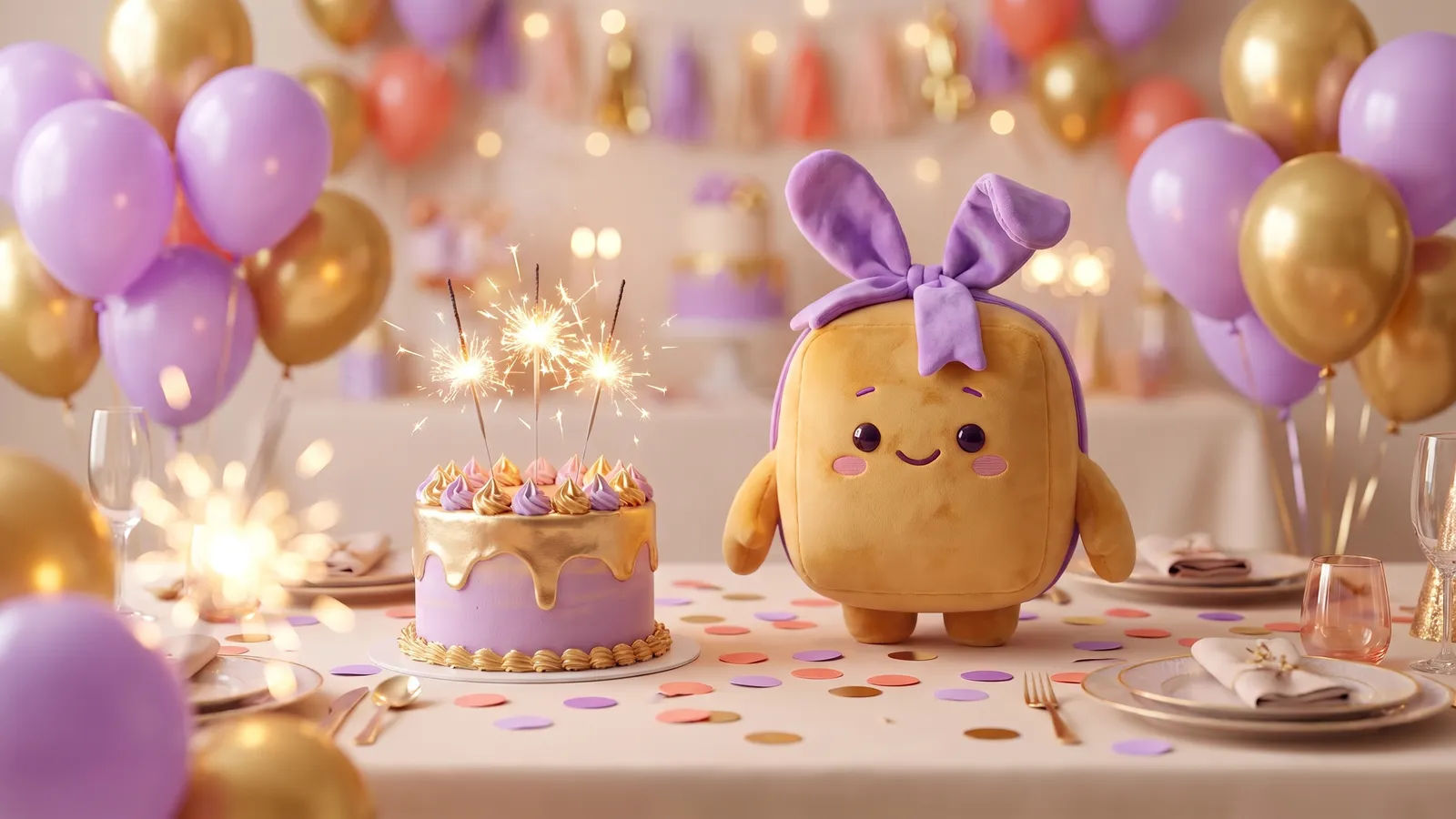 Schenky auf einem Geburtstagstisch mit Luftballons, Konfetti und Torte mit Wunderkerzen