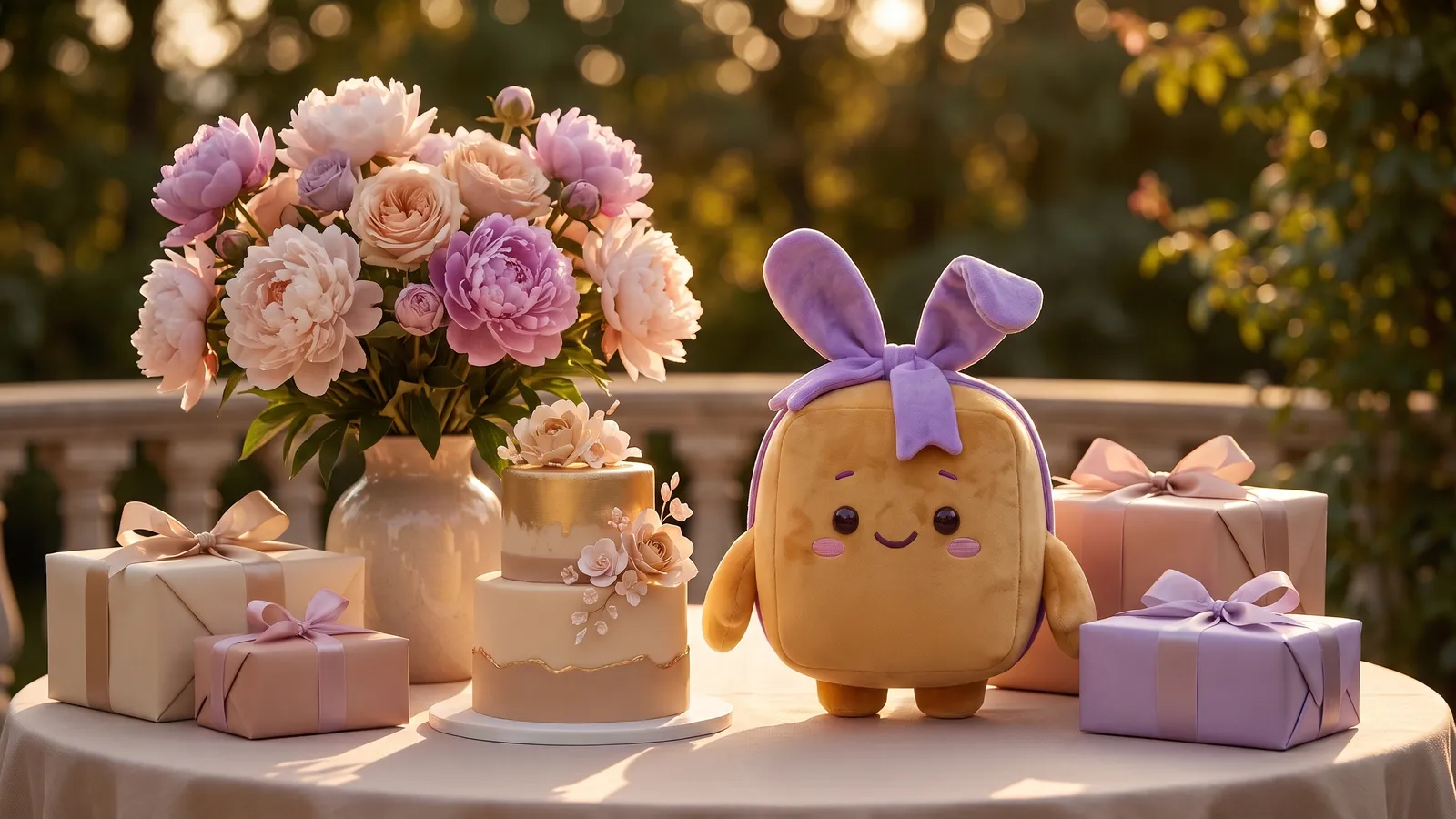Schenky auf einer Gartenterrasse mit Pfingstrosen, Torte und Geschenken