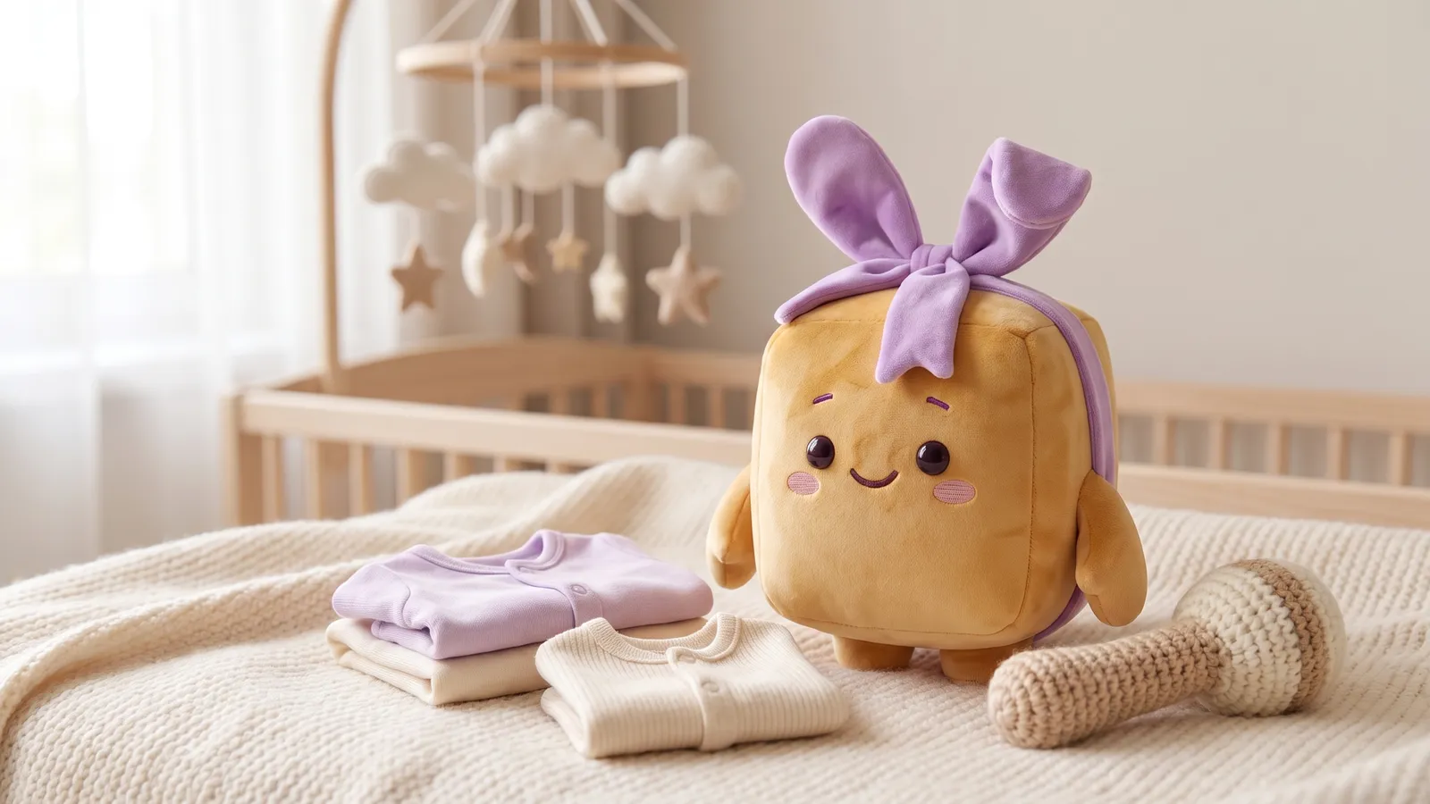 Schenky im Kinderzimmer neben Babykleidung, Rassel und Mobile