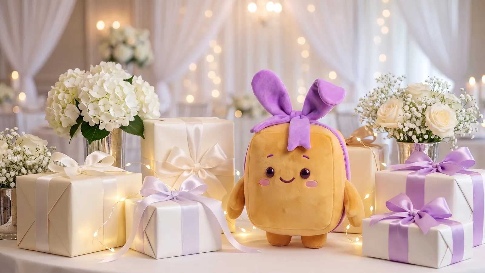 Schenky auf einem Hochzeits-Geschenketisch mit weißen Blumen und Paketen