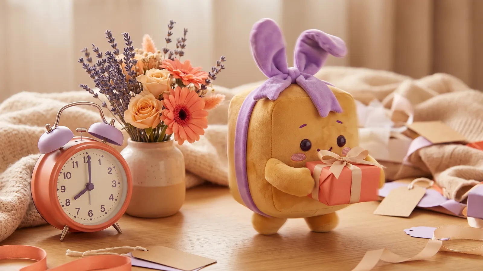 Schenky mit einem kleinen Geschenk neben Wecker und Blumenstrauß